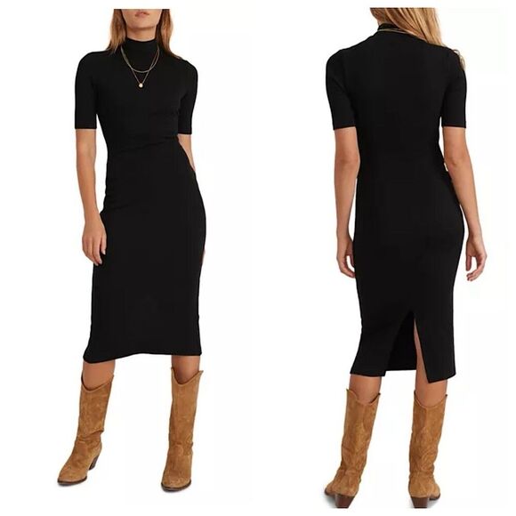 Marine Layer Lexi Ribbed Midi Dress Sz M Black Short Sleeve Mock Neck